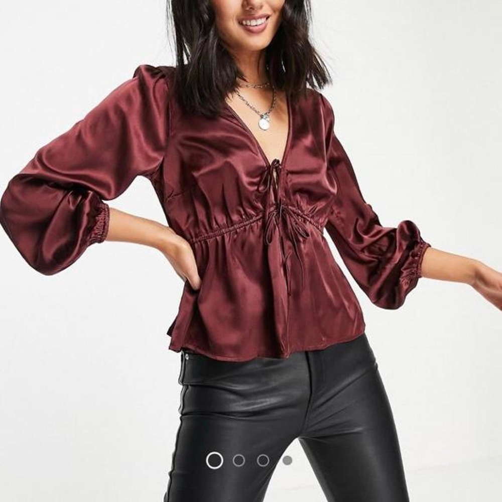 Abercrombie & Fitch Burgundy Satin Tie Front Blouse, Small Romantic Feminine